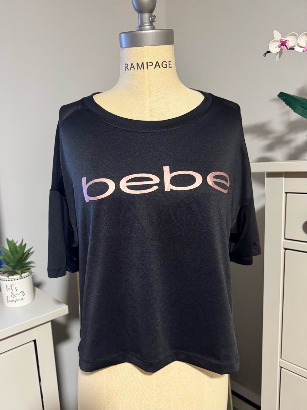 Y2K‎ Bebe Logo Mesh Panel Crop Tee Black - No Tag Fits M